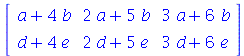 rtable(1 .. 2, 1 .. 3, [[`+`(a, `*`(4, `*`(b))), `+`(`*`(2, `*`(a)), `*`(5, `*`(b))), `+`(`*`(3, `*`(a)), `*`(6, `*`(b)))], [`+`(d, `*`(4, `*`(e))), `+`(`*`(2, `*`(d)), `*`(5, `*`(e))), `+`(`*`(3, `*`...