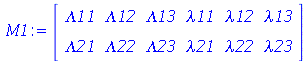 M1 := rtable(1 .. 2, 1 .. 6, [[Lambda11, Lambda12, Lambda13, lambda11, lambda12, lambda13], [Lambda21, Lambda22, Lambda23, lambda21, lambda22, lambda23]], subtype = Matrix)