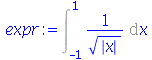 Int(`/`(1, `*`(`^`(abs(x), `/`(1, 2)))), x = -1 .. 1)
