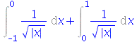 `+`(Int(`/`(1, `*`(`^`(abs(x), `/`(1, 2)))), x = -1 .. 0), Int(`/`(1, `*`(`^`(abs(x), `/`(1, 2)))), x = 0 .. 1))