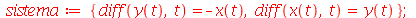 sistema := {diff(x(t), t) = y(t), diff(y(t), t) = `+`(`-`(x(t)))}; 1