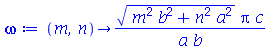 proc (m, n) options operator, arrow; `/`(`*`(sqrt(`+`(`*`(`^`(m, 2), `*`(`^`(b, 2))), `*`(`^`(n, 2), `*`(`^`(a, 2))))), `*`(Pi, `*`(c))), `*`(a, `*`(b))) end proc