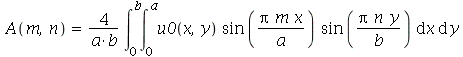 A(m, n) = `+`(`/`(`*`(4, `*`(int(`*`(u0(x, y), `*`(sin(`/`(`*`(Pi, `*`(m, `*`(x))), `*`(a))), `*`(sin(`/`(`*`(Pi, `*`(n, `*`(y))), `*`(b)))))), [x = 0 .. a, y = 0 .. b]))), `*`(a, `*`(b))))
