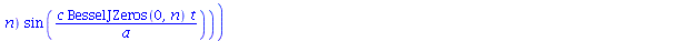 `+`(`*`(2, `*`(sum(`*`(BesselJ(0, `/`(`*`(BesselJZeros(0, n), `*`(r)), `*`(a))), `*`(`+`(`*`(A1(0, n), `*`(cos(`/`(`*`(c, `*`(BesselJZeros(0, n), `*`(t))), `*`(a))))), `*`(A2(0, n), `*`(sin(`/`(`*`(c,...