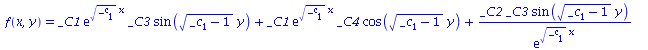 f(x, y) = `+`(`*`(_C1, `*`(exp(`*`(`^`(_c[1], `/`(1, 2)), `*`(x))), `*`(_C3, `*`(sin(`*`(`^`(`+`(_c[1], `-`(1)), `/`(1, 2)), `*`(y))))))), `*`(_C1, `*`(exp(`*`(`^`(_c[1], `/`(1, 2)), `*`(x))), `*`(_C4...