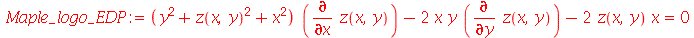 Maple_logo_EDP := `+`(`*`(`+`(`*`(`^`(y, 2)), `*`(`^`(z(x, y), 2)), `*`(`^`(x, 2))), `*`(diff(z(x, y), x))), `-`(`*`(2, `*`(x, `*`(y, `*`(diff(z(x, y), y)))))), `-`(`*`(2, `*`(z(x, y), `*`(x))))) = 0