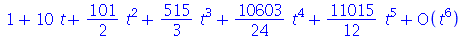 series(`+`(1, `*`(10, `*`(t)), `*`(`/`(101, 2), `*`(`^`(t, 2))), `*`(`/`(515, 3), `*`(`^`(t, 3))), `*`(`/`(10603, 24), `*`(`^`(t, 4))), `*`(`/`(11015, 12), `*`(`^`(t, 5))))O(`^`(t, 6)),t,6)
