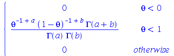 piecewise(`<`(theta, 0), 0, `<`(theta, 1), `/`(`*`(`^`(theta, `+`(`-`(1), a)), `*`(`^`(`+`(1, `-`(theta)), `+`(`-`(1), b)), `*`(GAMMA(`+`(a, b))))), `*`(GAMMA(a), `*`(GAMMA(b)))), 0)