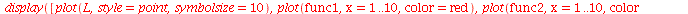 display([plot(L, style = point, symbolsize = 10), plot(func1, x = 1 .. 10, color = red), plot(func2, x = 1 .. 10, color = blue)])