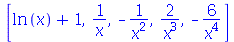 [`+`(ln(x), 1), `/`(1, `*`(x)), `+`(`-`(`/`(1, `*`(`^`(x, 2))))), `+`(`/`(`*`(2), `*`(`^`(x, 3)))), `+`(`-`(`/`(`*`(6), `*`(`^`(x, 4)))))]