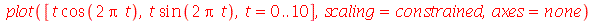 plot([`*`(t, `*`(cos(`+`(`*`(2, `*`(Pi, `*`(t))))))), `*`(t, `*`(sin(`+`(`*`(2, `*`(Pi, `*`(t))))))), t = 0 .. 10], scaling = constrained, axes = none)