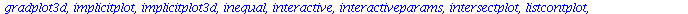 [animate, animate3d, animatecurve, arrow, changecoords, complexplot, complexplot3d, conformal, conformal3d, contourplot, contourplot3d, coordplot, coordplot3d, densityplot, display, dualaxisplot, fiel...