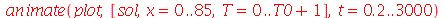 plots:-animate(plot, [sol, x = 0 .. 85, T = 0 .. `+`(T0, 1)], t = .2 .. 3000)