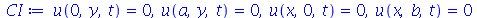 u(0, y, t) = 0, u(a, y, t) = 0, u(x, 0, t) = 0, u(x, b, t) = 0