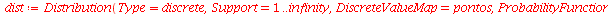 dist := Distribution(Type = discrete, Support = 1 .. infinity, DiscreteValueMap = pontos, ProbabilityFunction = (proc (x) options operator, arrow; x end proc)); -1