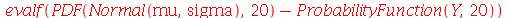 evalf(`+`(PDF(Normal(mu, sigma), 20), `-`(ProbabilityFunction(Y, 20))))